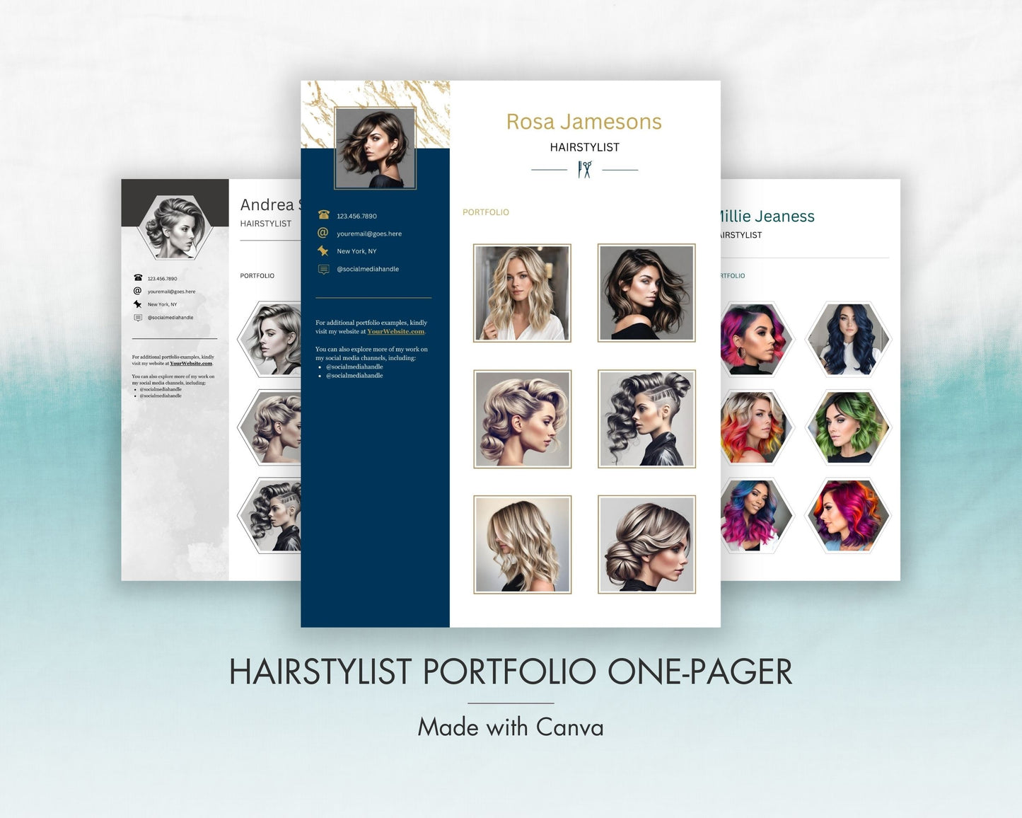 Hairstylist Portfolio Canva Template - One Pager, Printable, and Editable Digital Download - 3 in 1 - Hairdresser Templates