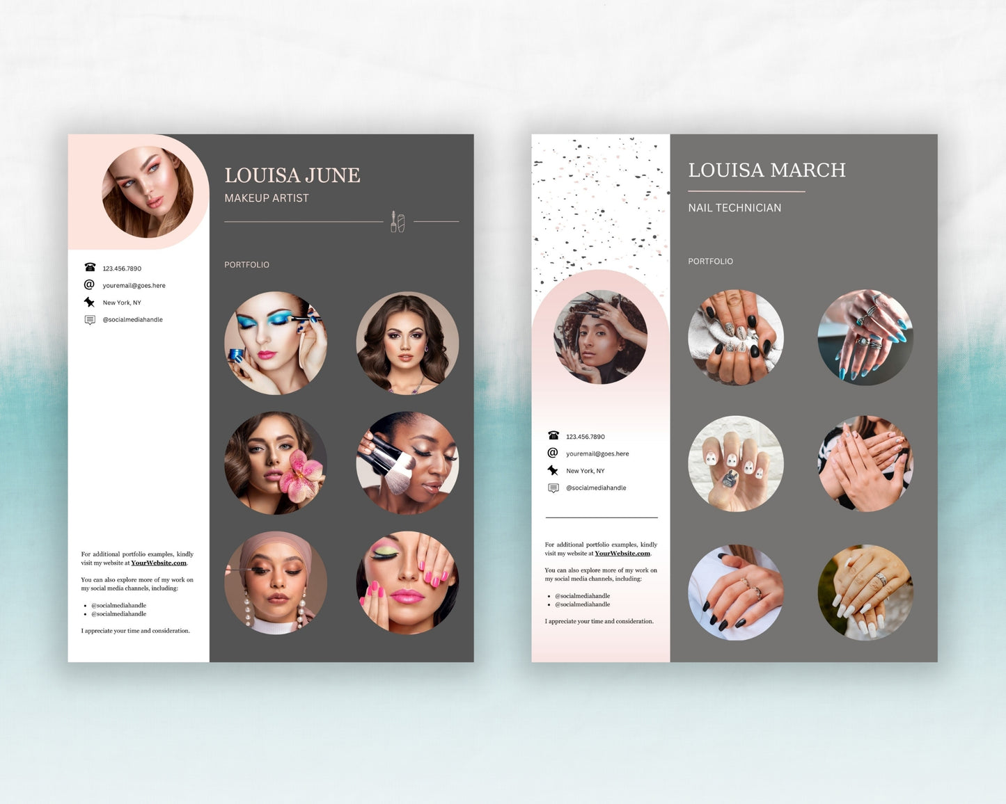 Hairstylist, Nail Technician & Makeup Artist Portfolio One-pagers, Printable and Editable Canva Template, Digital Download - 3 in 1