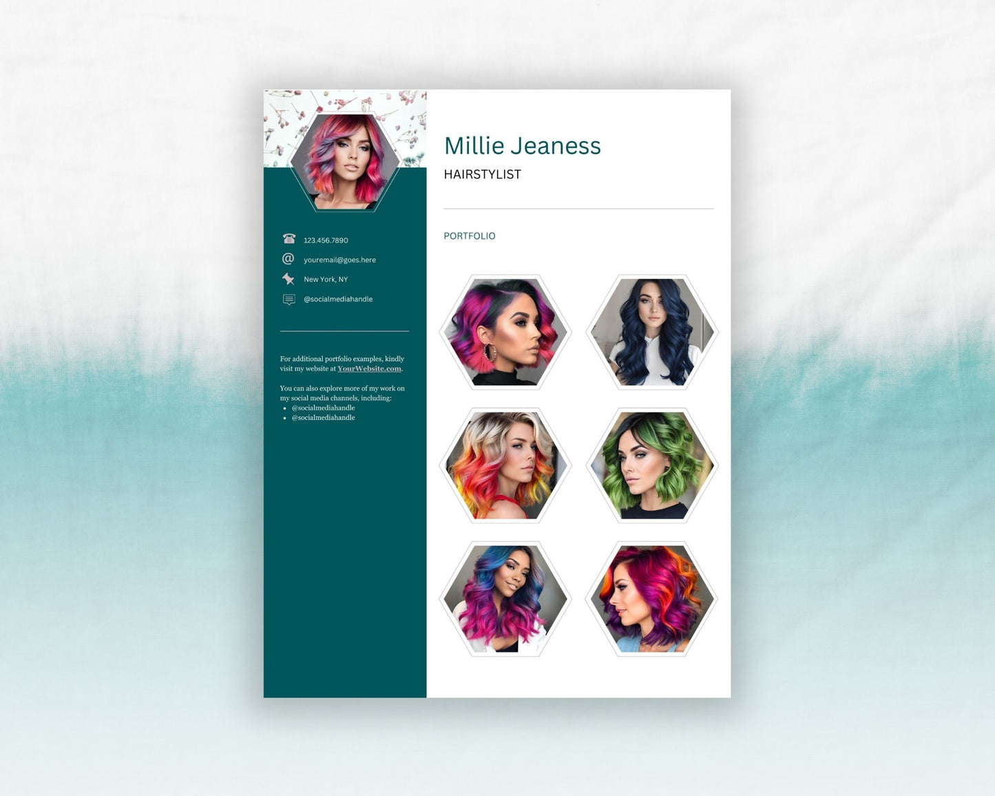 Hairstylist Portfolio Canva Template - One Pager, Printable, and Editable Digital Download - 3 in 1 - Hairdresser Templates