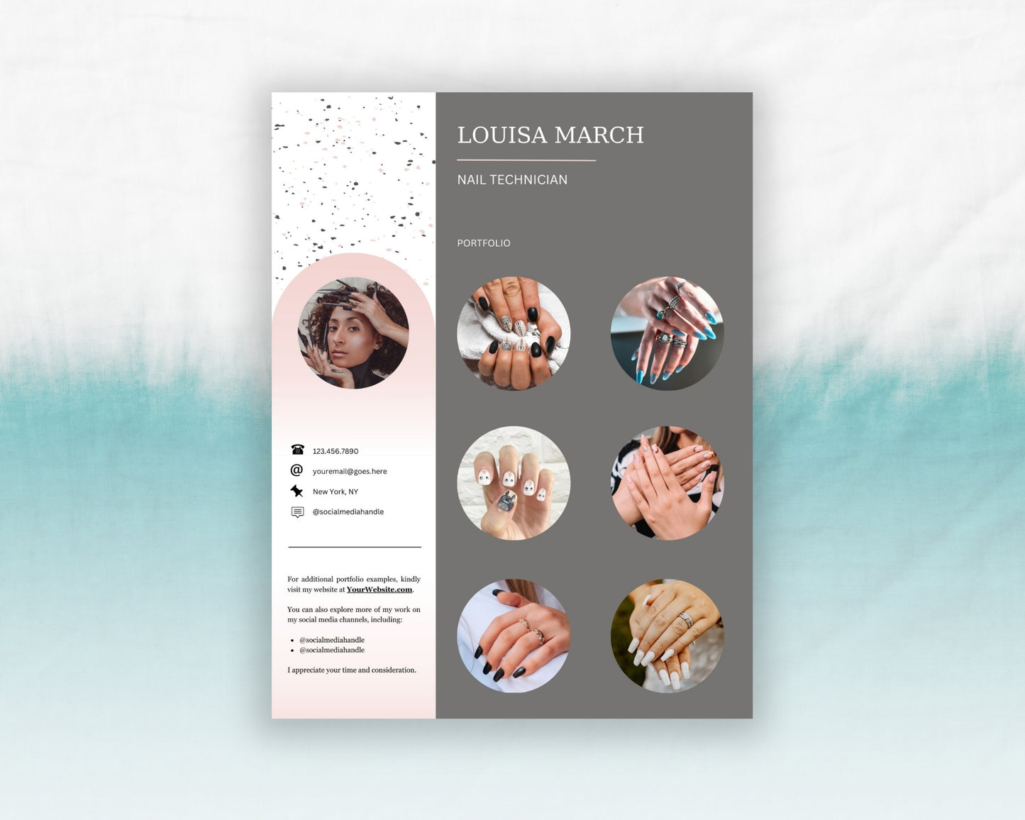 Hairstylist, Nail Technician & Makeup Artist Portfolio One-pagers, Printable and Editable Canva Template, Digital Download - 3 in 1