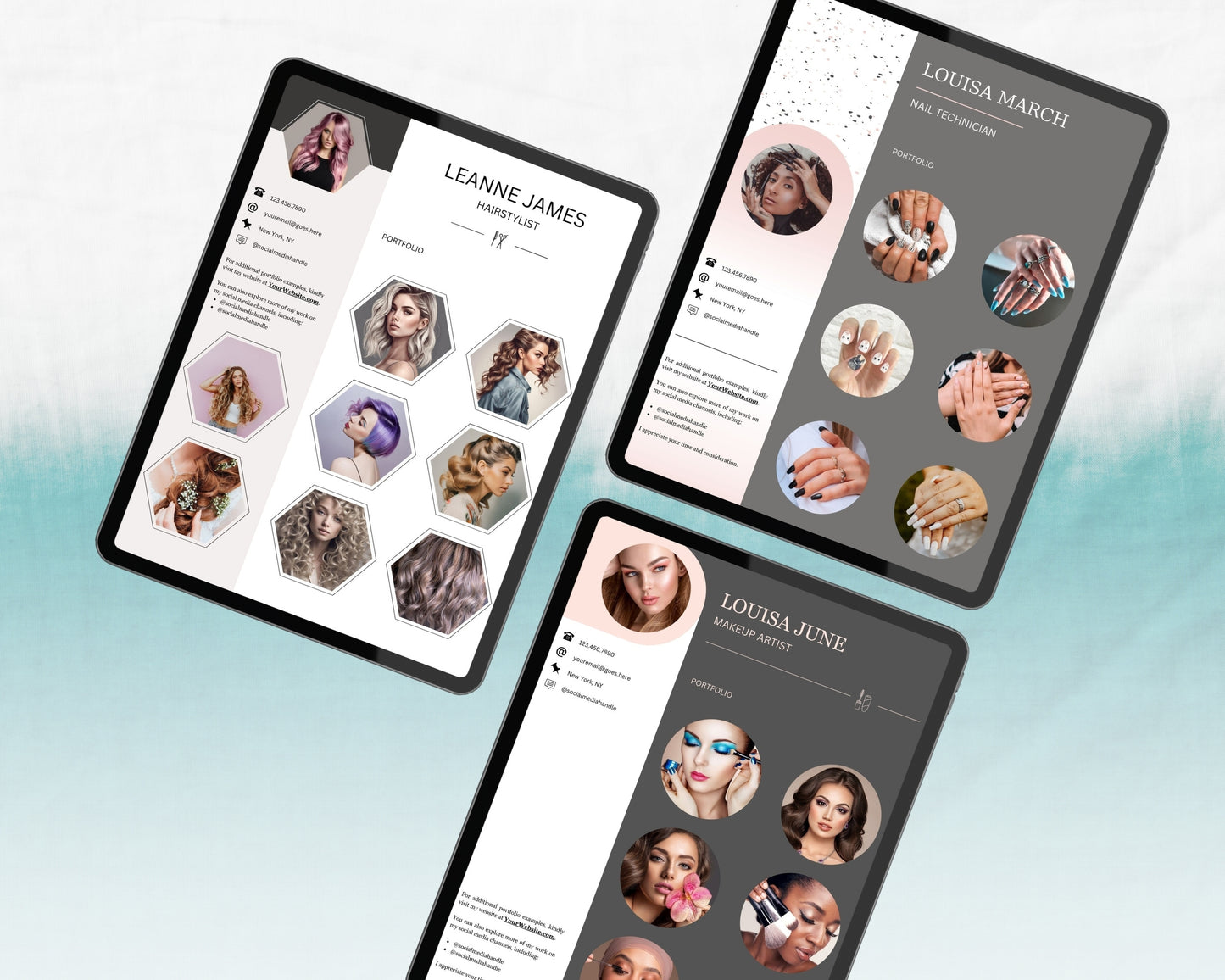 Hairstylist, Nail Technician & Makeup Artist Portfolio One-pagers, Printable and Editable Canva Template, Digital Download - 3 in 1